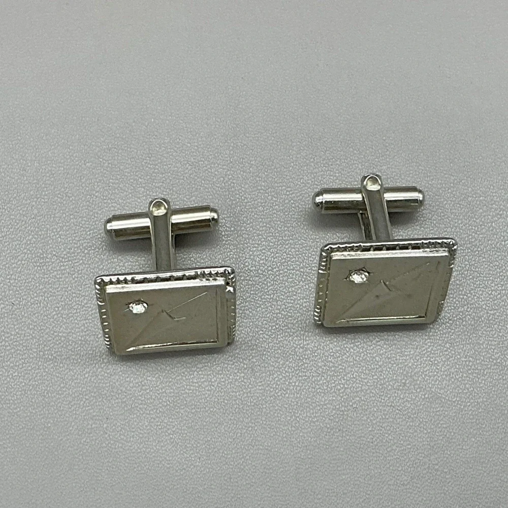 Vintage Silver Tone Cufflinks Tie Clip Set Rhinestone Mid Century Men's Formal